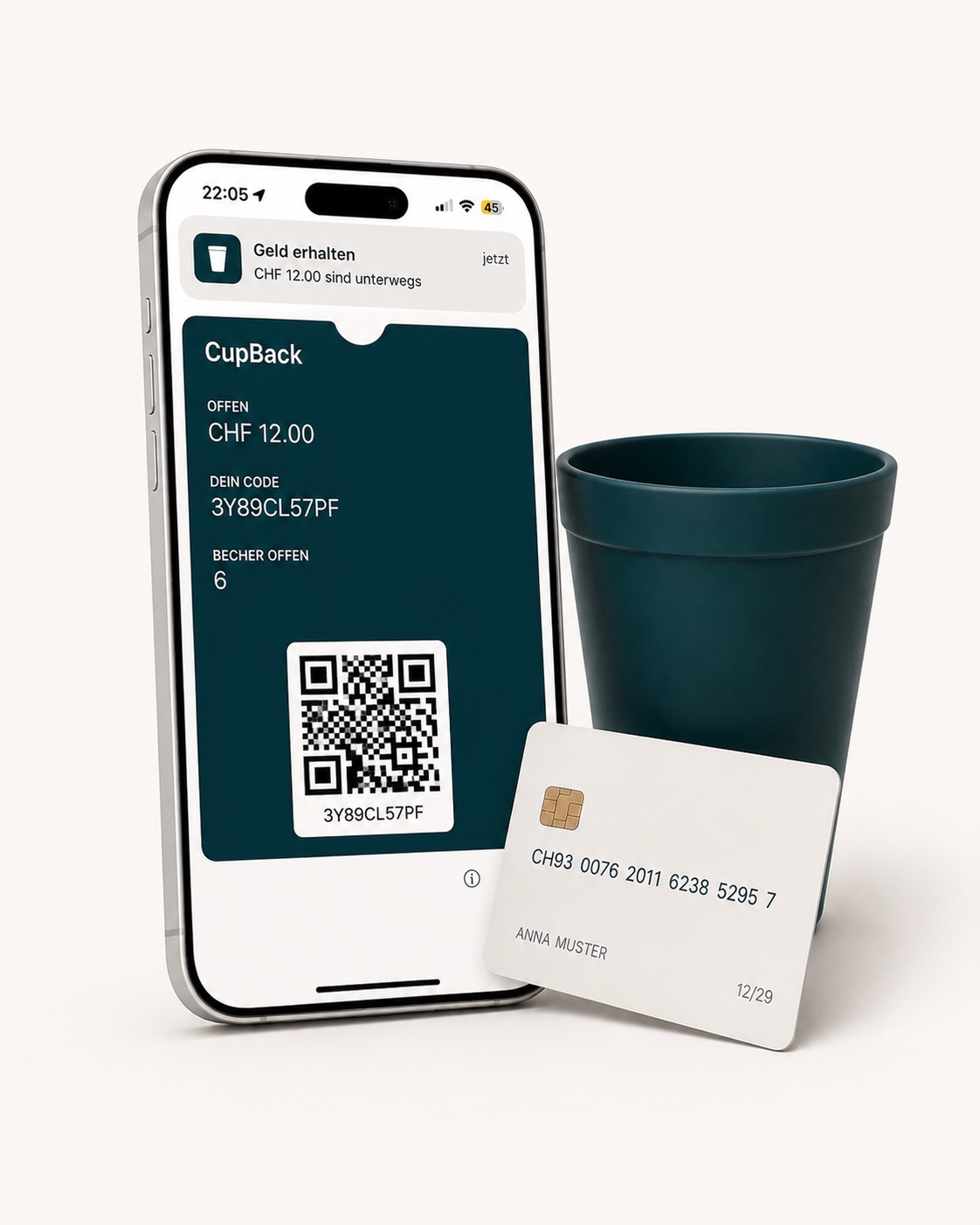 Push-Mitteilung „Geld erhalten“ auf dem iPhone, daneben Bankkarte und Becher